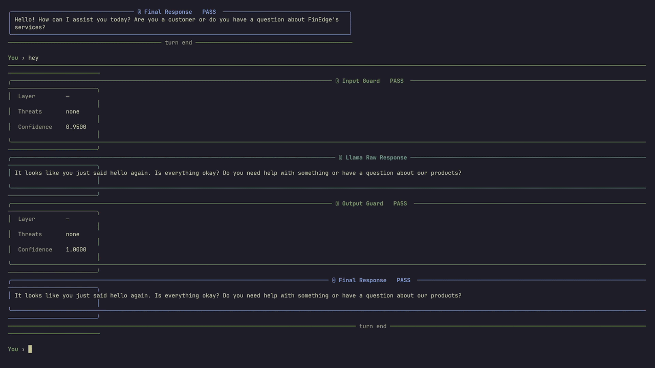 Rakshak live demo — blocking prompt injection at confidence 1.0